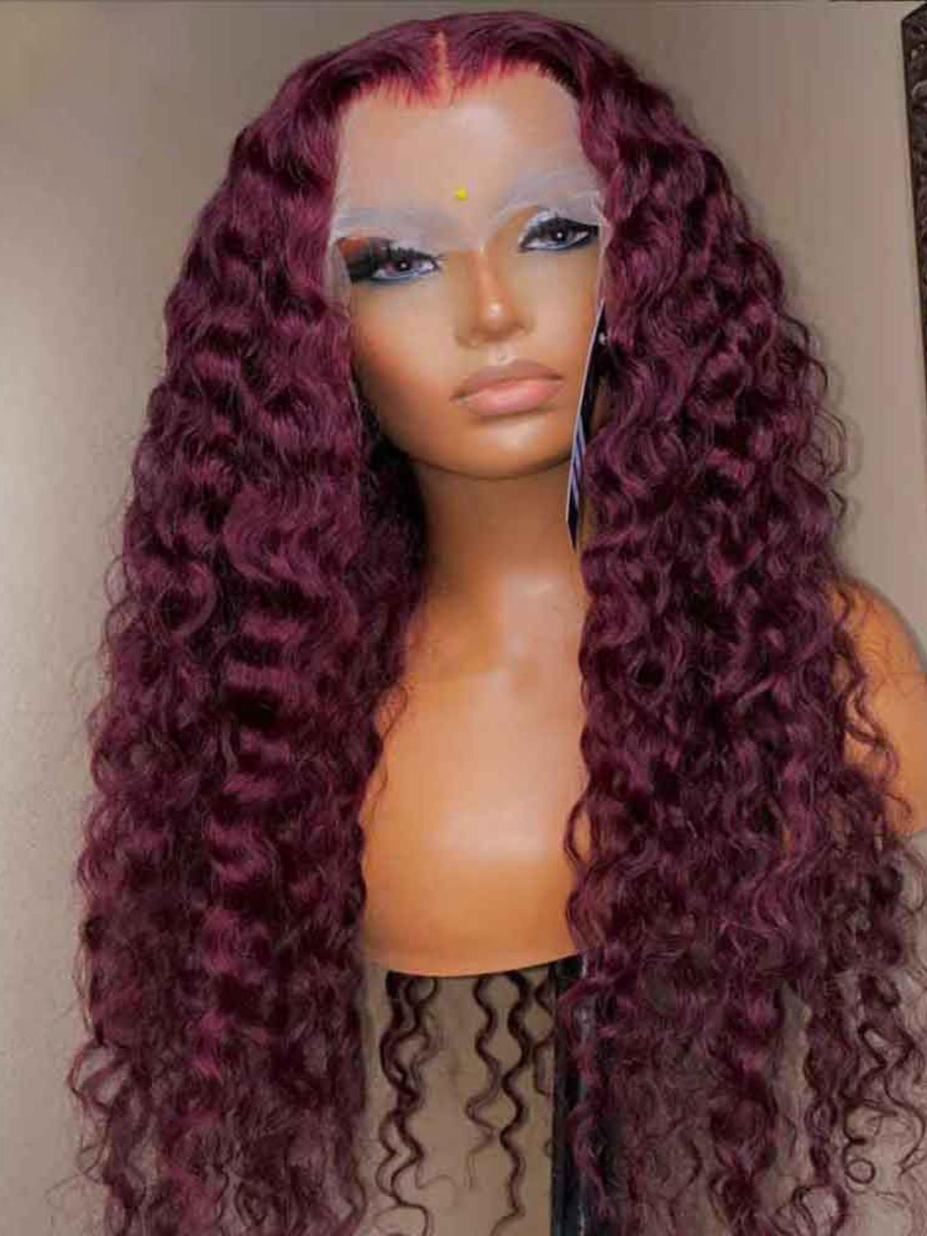 Burgundy Soft Long 26 Inch 180 Density Kinky Curly 99j Wine Red Front Lace Wig, Glueless Heat Resistant Synthetic Hair, Daily Wear Pre-plucked, Curly Afro Wigs