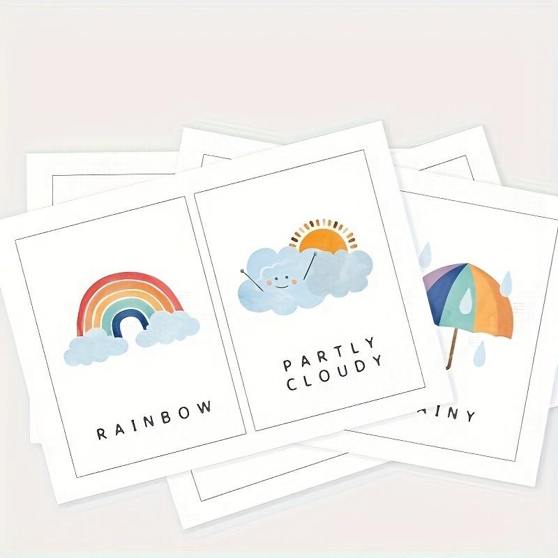 10 Cartoon Weather Recognition Cards, English Learning Tool for Kindergarten/family, Fun Weather Word Flashcards, Creative Early Education Gift