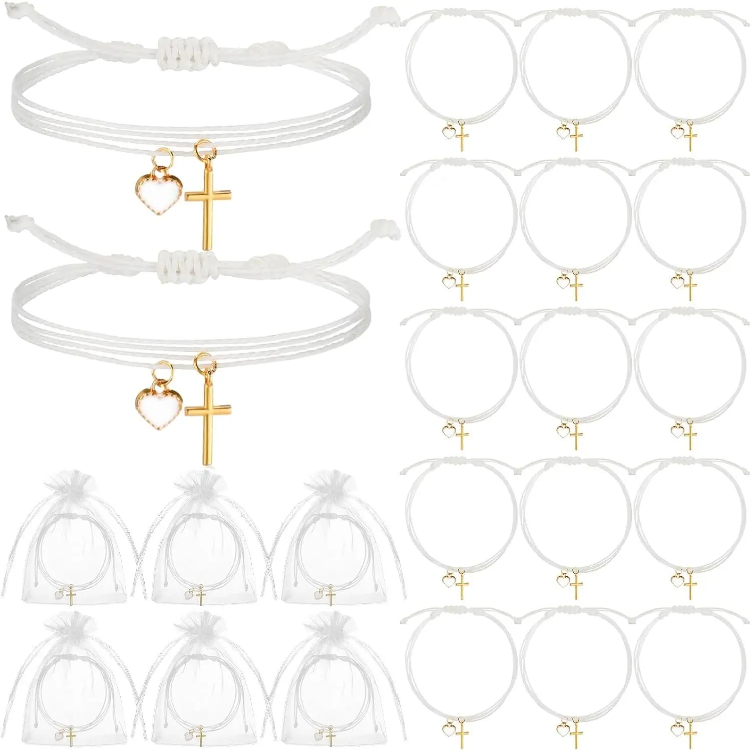 Ferreve 30 Sets Cross Bracelets Bulk Baptism Favors for Guests Christian Jesus Bracelets Adjustable First Communion Gifts Religious Cross Friendship Gifts for Church (Gold)