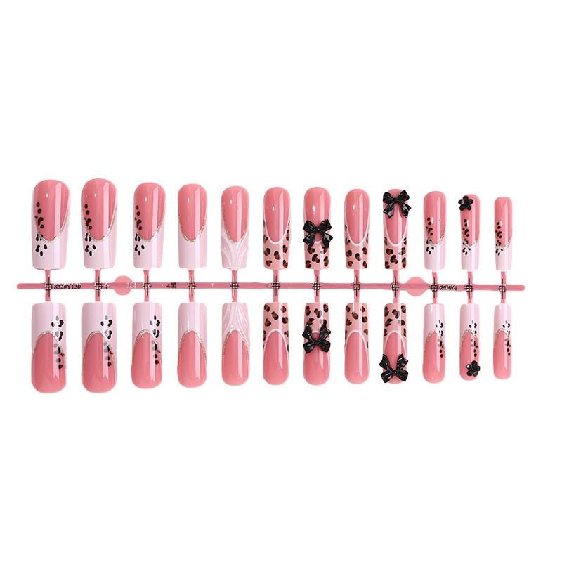 24 Pcs Long Coffin Pink 3D Water Ripple Drip Gel Wild Leopard Print French Press On Nails with Gold Beads, 3D Black Bow, Unique Gold Thin Lines & Sequin Design Removable False Nails with Jelly Glue and Nail File