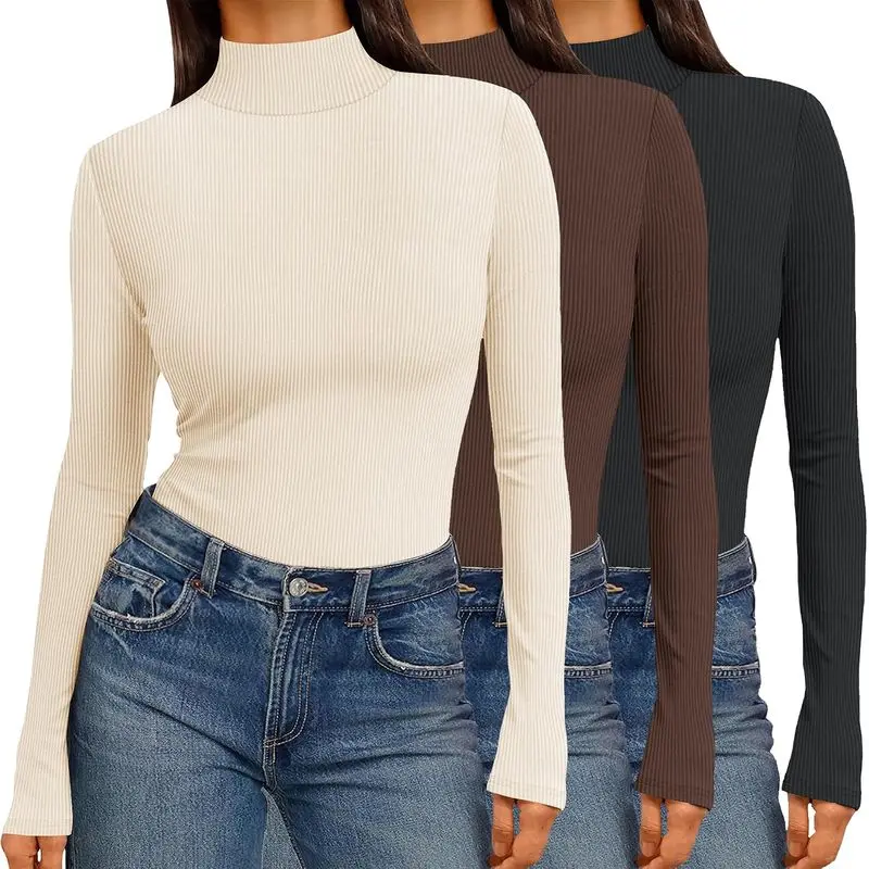 3 Pack Women Turtleneck Shirts Ribbed Thermal Tops Long Sleeve Layer Tees |   Lightweight Underwear Shirts, Basic Pullover Blouse, Knit Fall and Winter Outfits, Soft & Stretchy Tops, Slim Fit Undershirt