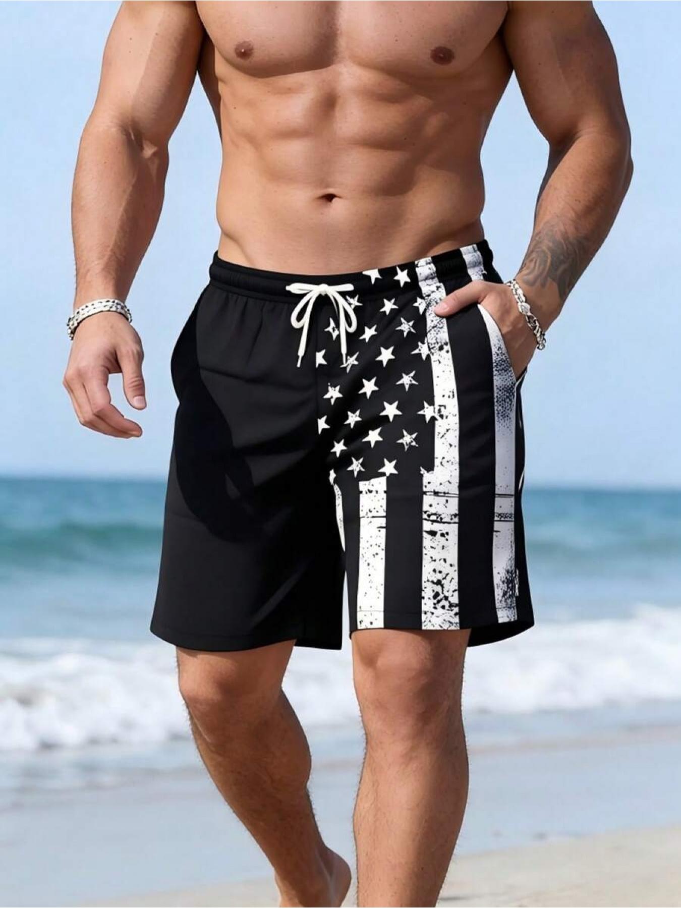 Men's Quick Dry National Flag Lining Elastic Waistband Drawstring Waist Casual Summer Fashion Sport Beach Swim Shorts Swimming Shorts, Suitable For Vacation, Beach, Pool, Outdoor Activities, Daily Wear