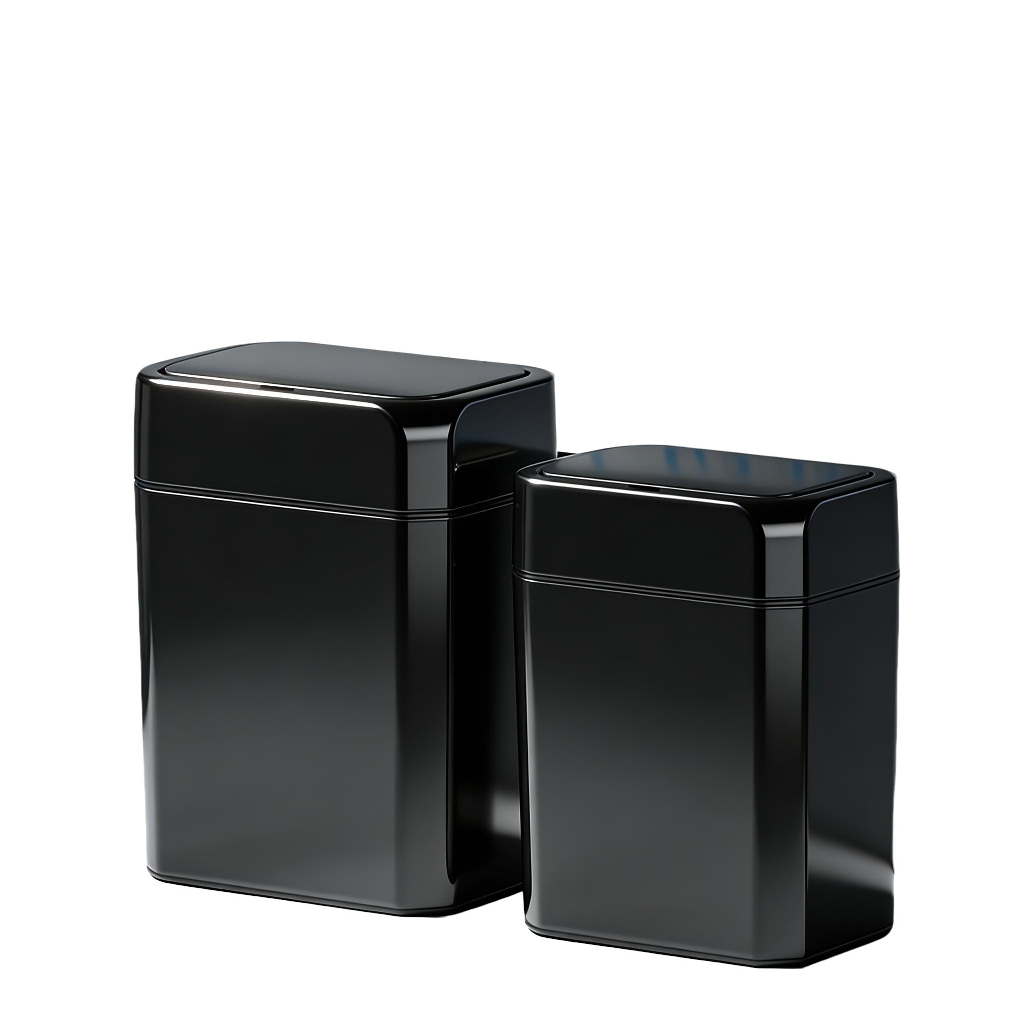 Touchless Trash Can, 3.43 & 5.02 GAL sizes available, automatic motion sensor garbage bin, hands-free soft-close lid, slim plastic body with odor-sealing design, suitable for kitchen, bathroom, office, hotel, requires 2 AA batteries (not included).