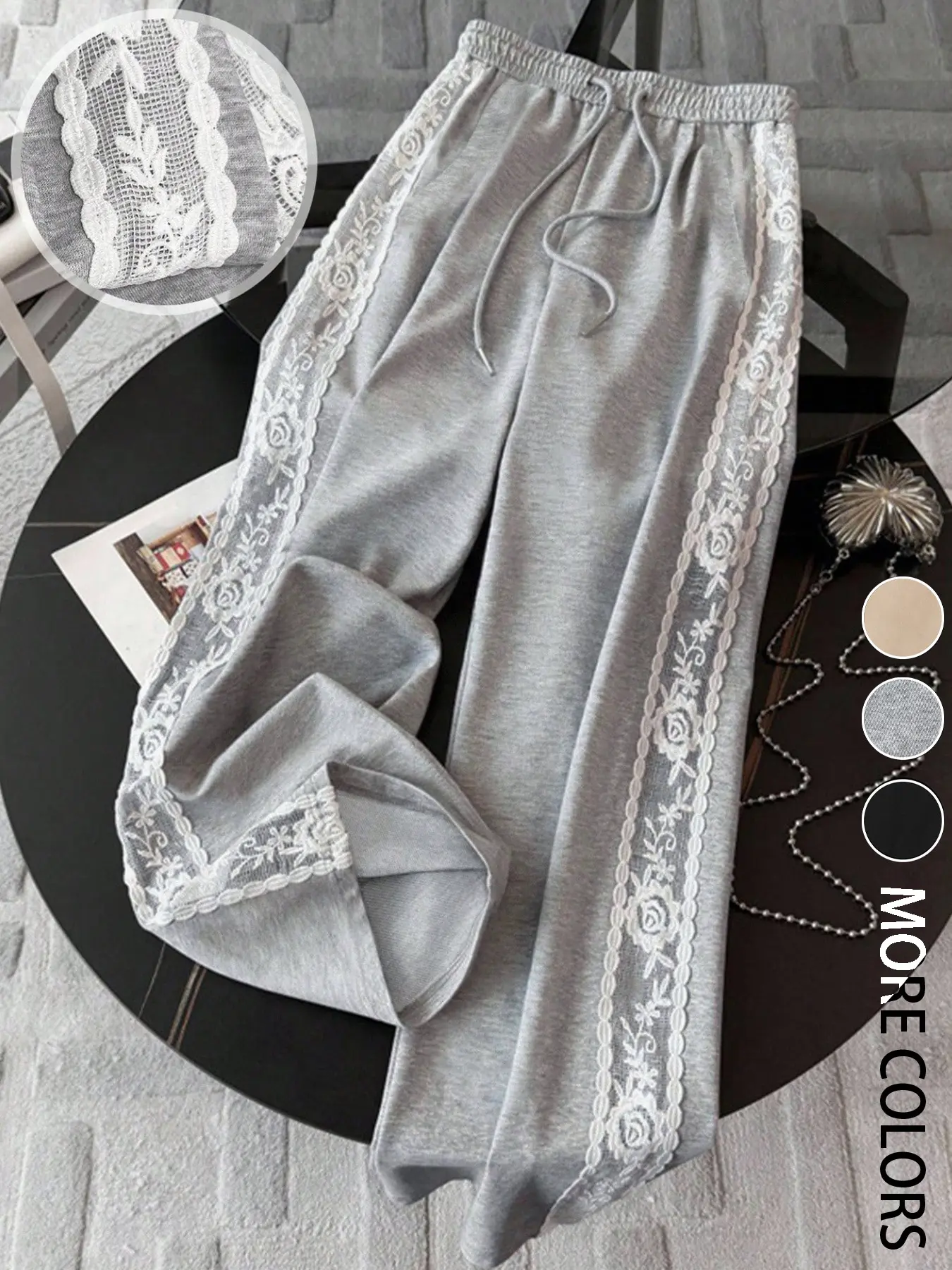 Women's Casual Lace Patchwork Elastic Waist Side Pocket Loose Straight Leg Pants, Sporty Sweatpants, Comfortable and Stylish