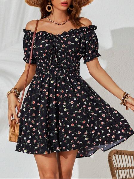 Women's Floral Print Off Shoulder   Dress, Elegant Fashion Casual Short Dress for Daily Outdoor Wear, Casual Everyday Wear, Women Dress for Summer