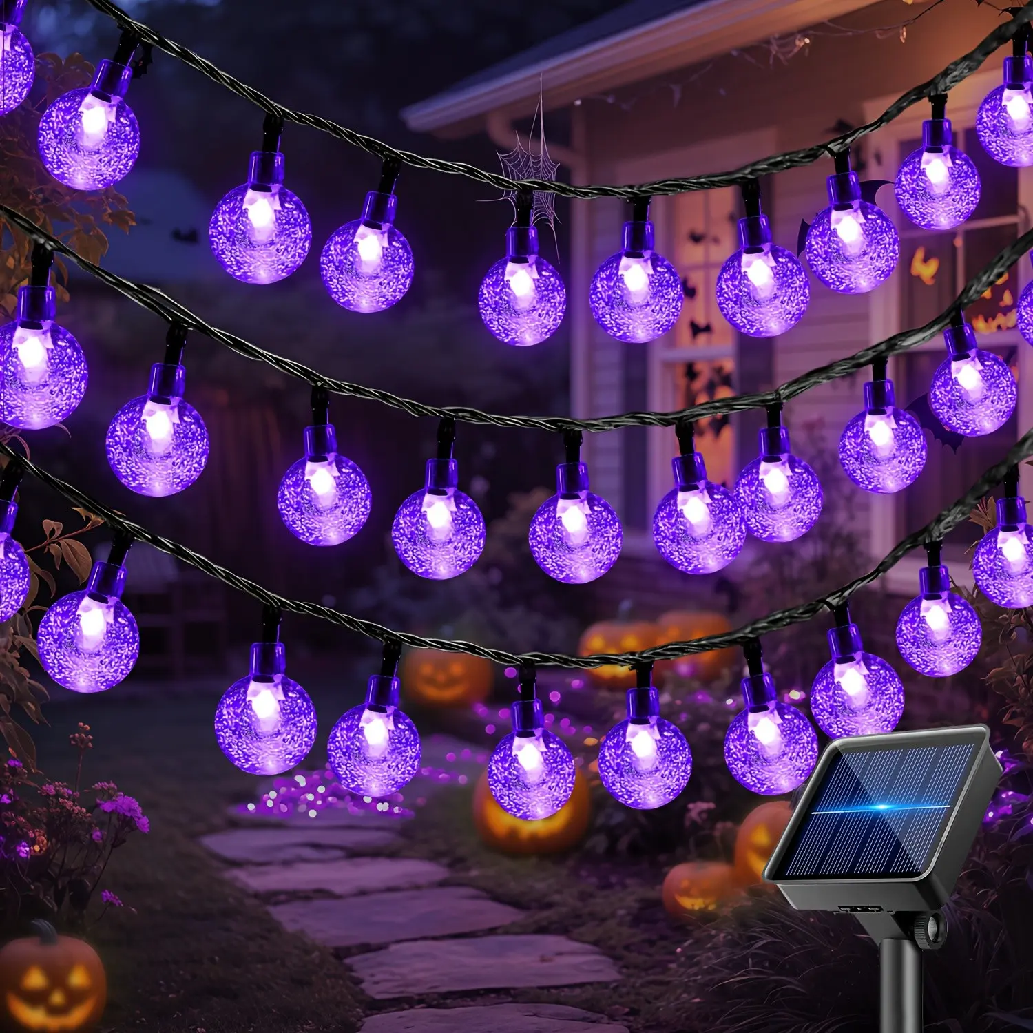 1 Pack Solar Bubble Ball String Light, 100/50/20 LED Purple Halloween Decorative Lights, IP65 Waterproof, 8 Lighting Modes, Light Sensor - Decorative LED Hanging Solar Lights for Garden, Patio, Parties, Christmas Decor