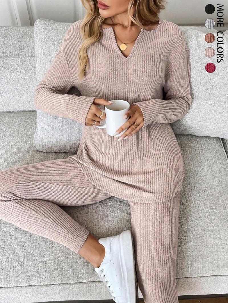 2pcs/Set Women's Casual Plush Rib-Knit Long Sleeve T-Shirt And Leggings Suit, Autumn/Winter