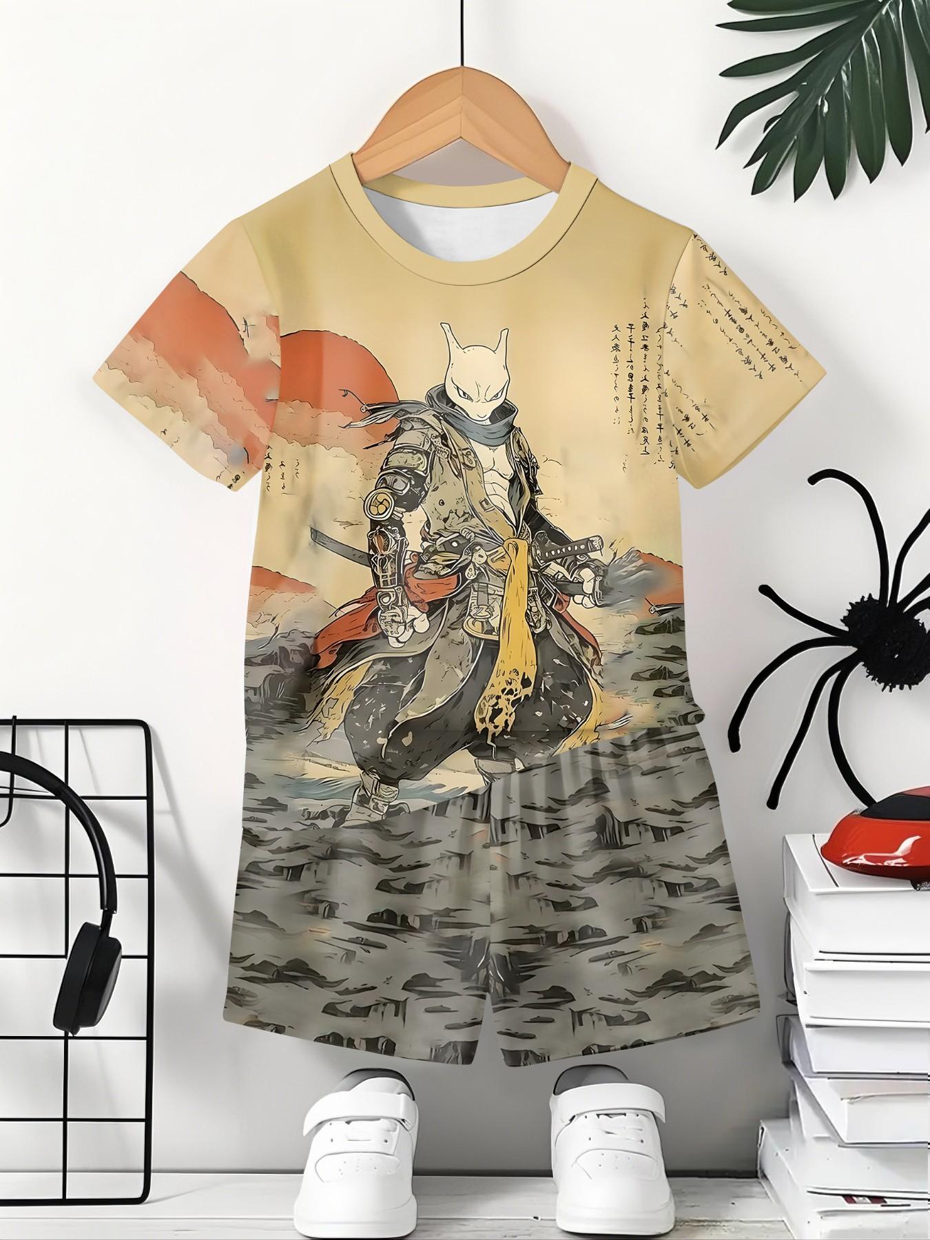Ukiyo-e Samurai Fox Two-Piece Short Sleeve and Shorts Set, 100% Polyester Casual Loose-Fit Outfit, Fun Printed Patterns for Summer, Outdoor Sports T-Shirt Set, Perfect Gift for Boys