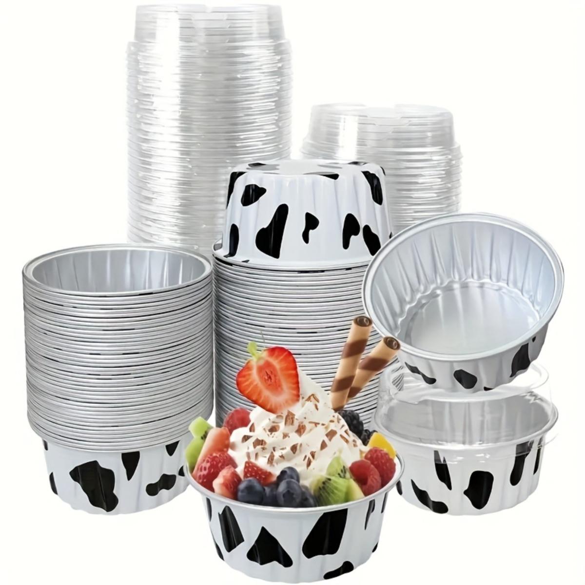 100PCS Disposable Foil Dessert Cup Set, Includes 50 Cups + 50 Lids, Perfect for Muffins, Creme Brulee, Pudding, Cheesecake, Cream Cups and Bakery Packaging, Kitchen Baking Supplies, Pink and Milk Color Optional