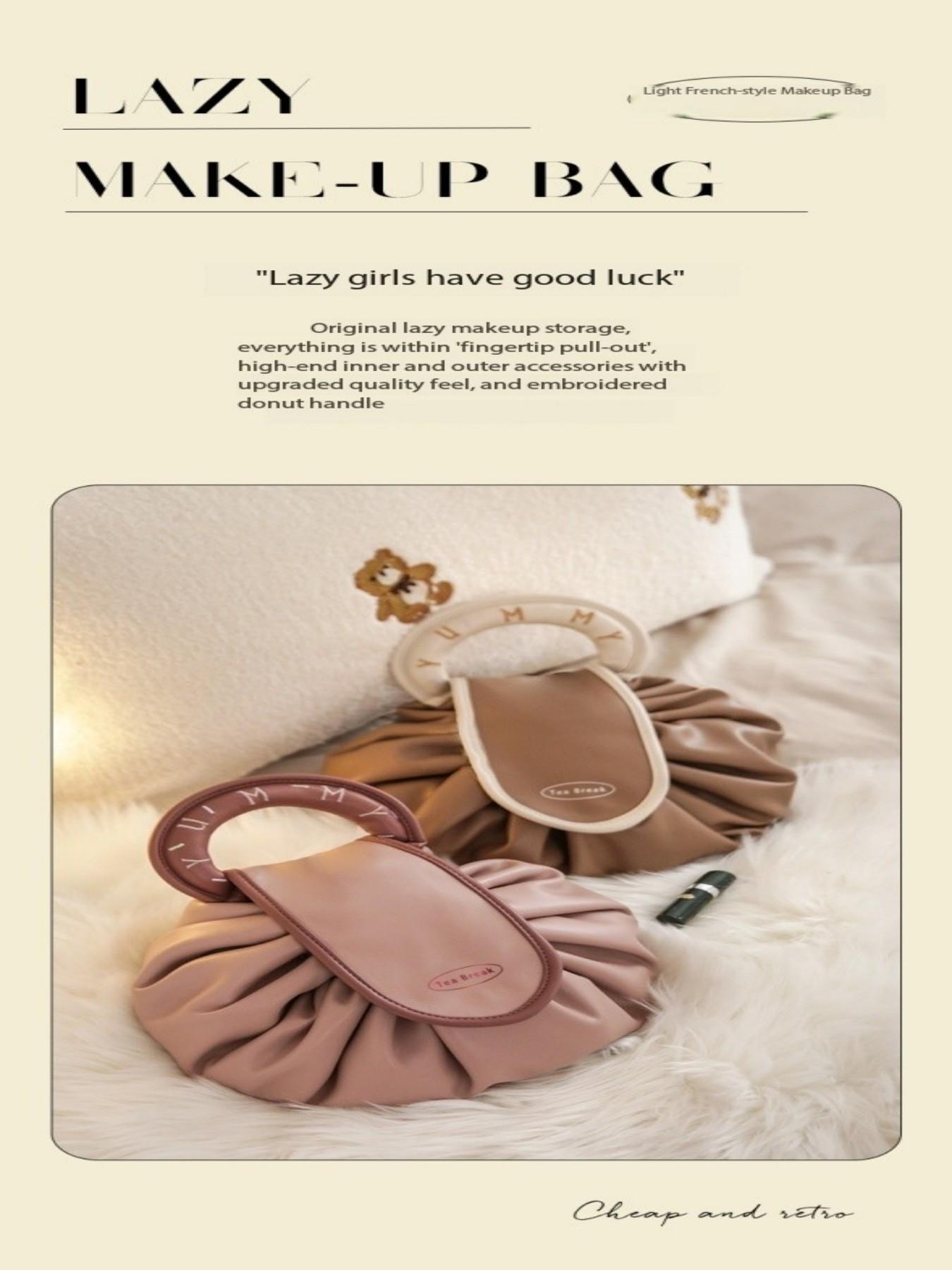 New Lazy Drawstring Makeup Bag for Women, Portable Waterproof PU Travel Wash Bag, Handheld Storage Pouch Box, High-End Design