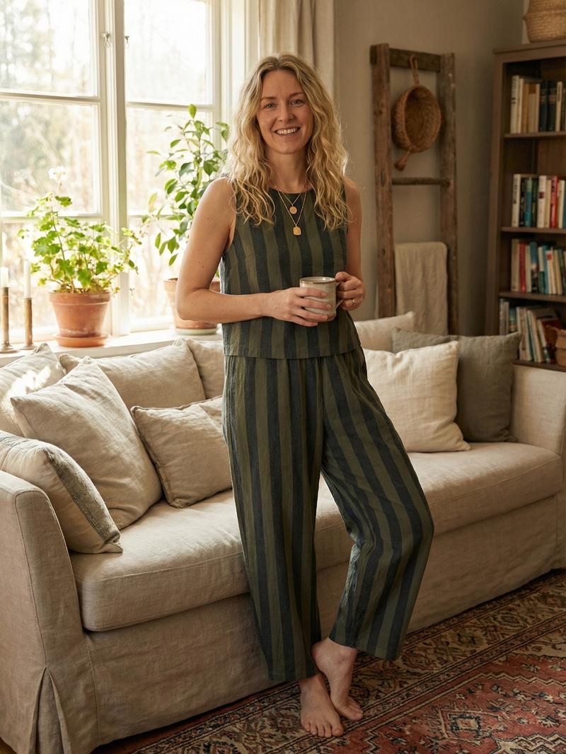 Women's Summer New Cotton Striped Set, Sleeveless Crop Top & Wide Leg Pants, Casual Loose Fit, Beach Travel Vacation Wear