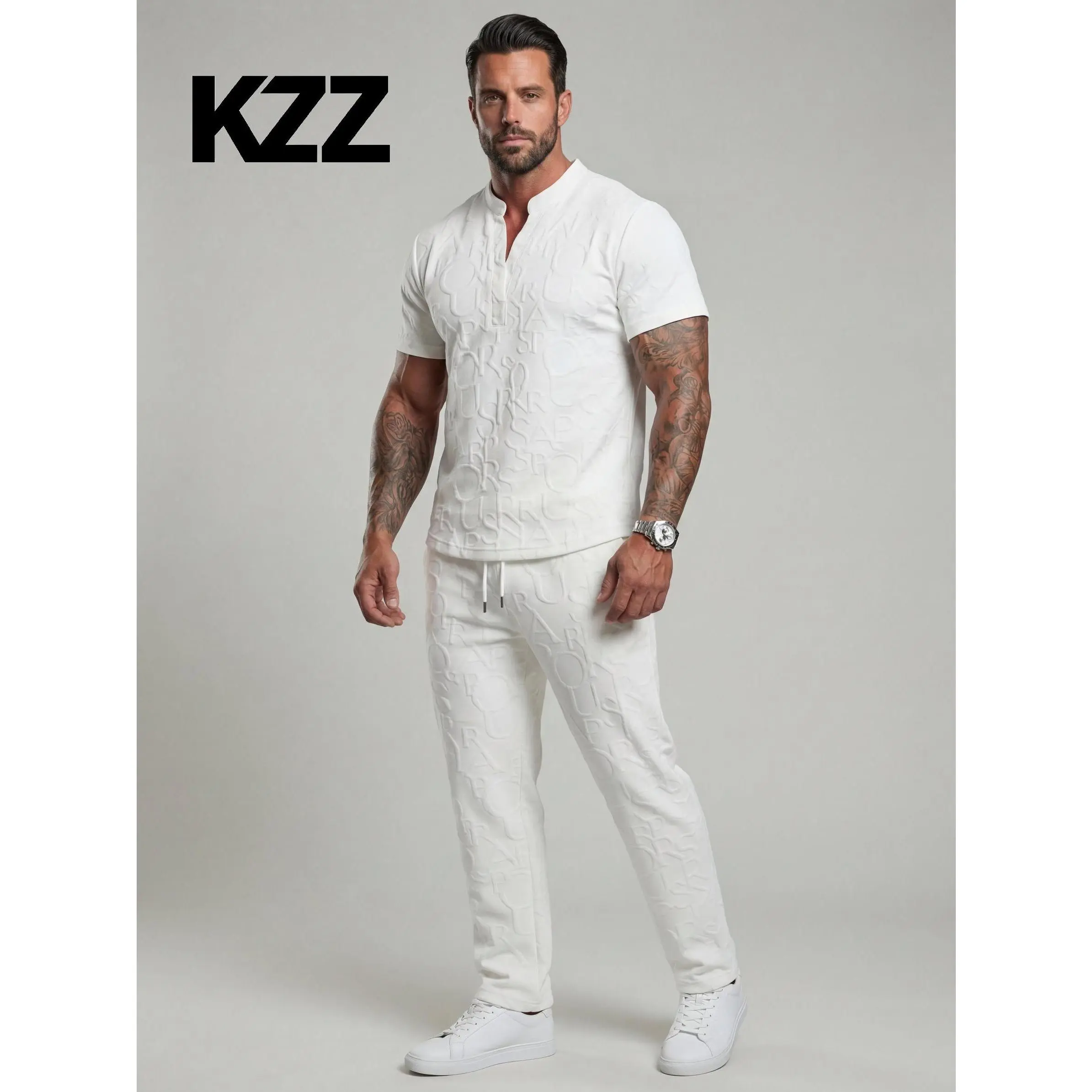 KZZ Menswear Men's 2-Piece Sets - Casual Short-Sleeve Textured Notched Neck Tee, Regular-Fit Elastic Waistband Drawstring Pants, Spring/Fall Quick-Wear Outfit, Gift For Him