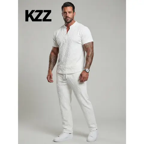 KZZ Menswear Men's 2-Piece Sets - Casual Short-Sleeve Textured Notched Neck Tee, Regular-Fit Elastic Waistband Drawstring Pants, Spring/Fall Quick-Wear Outfit, Gift For Him