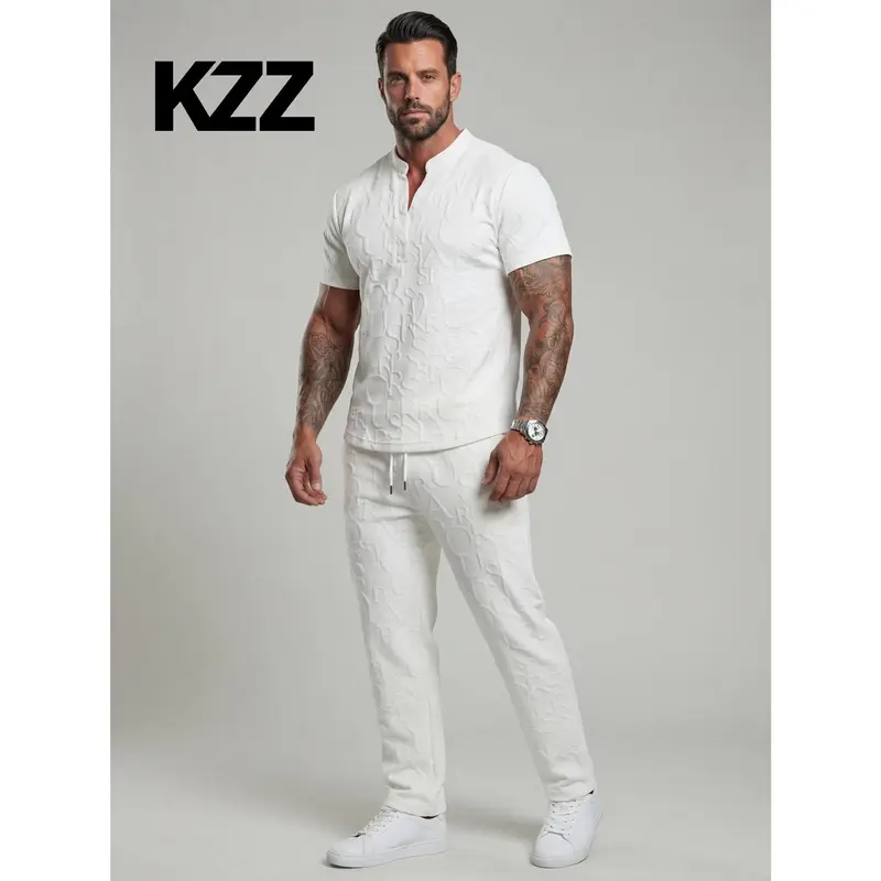 KZZ Menswear Men's 2-Piece Sets - Casual Short-Sleeve Textured Notched Neck Tee, Regular-Fit Elastic Waistband Drawstring Pants, Spring/Fall Quick-Wear Outfit, Gift For Him,sohochic