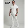 KZZ Menswear Men's 2-Piece Sets - Casual Short-Sleeve Textured Notched Neck Tee, Regular-Fit Elastic Waistband Drawstring Pants, Spring/Fall Quick-Wear Outfit, Gift For Him