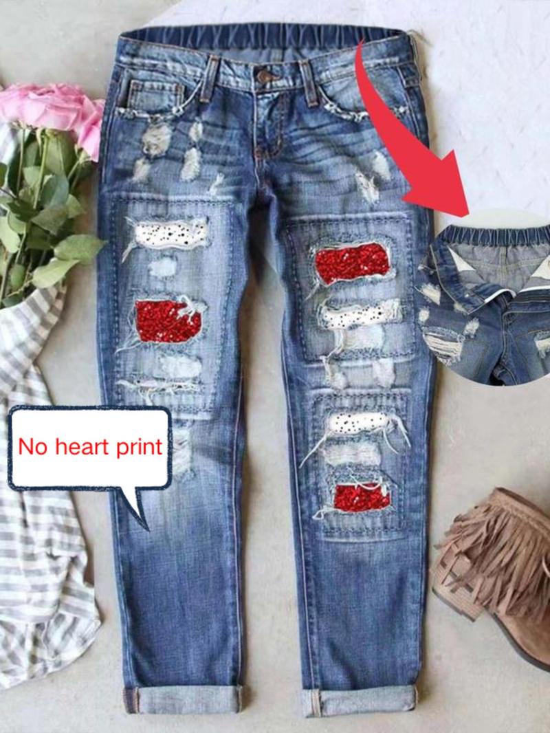 Women’s Ripped Patch Boyfriend Jeans with Multiple Cute Prints Loose Washed Denim Mid-Waist Elastic Waist Breathable & Comfy