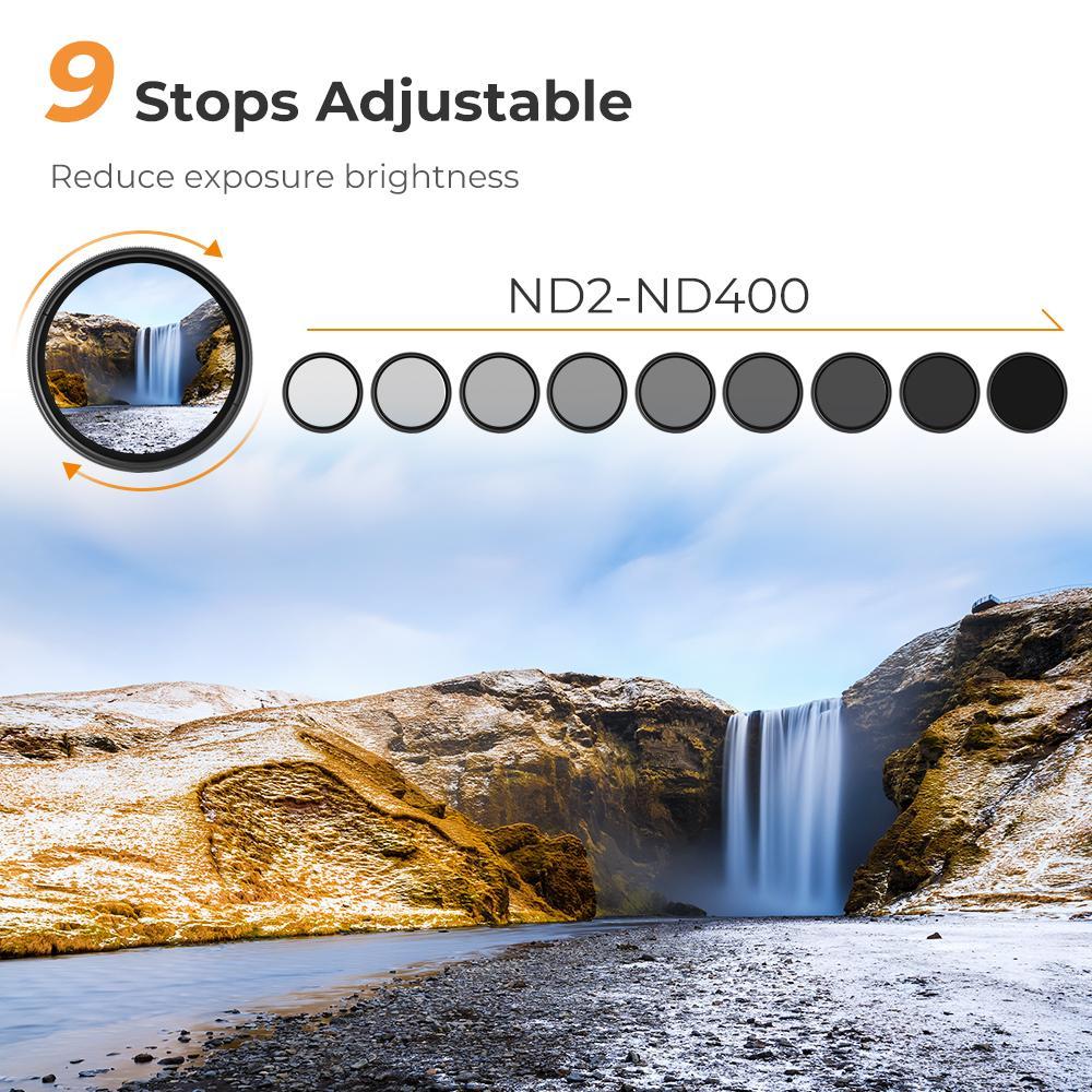 [K&F CONCEPT] Variable ND2-ND400 ND Lens Filter (1-9 Stops) for Camera Lens, Adjustable Neutral Density Filter with Microfiber Cleaning Cloth (B-Series),Photography accessories Photographic Kit