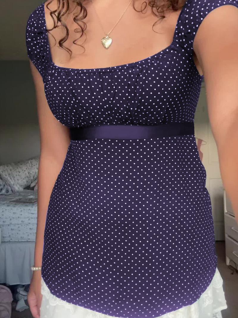 Polka Dot Square Neck Tie Top, French Vintage Style Slim Fit, Perfect for Daily and Dates, Women's Fashion Polka Dot Square Neck Tie Top, French Vintage Style Slim Fit, Perfect for Daily and Dates, Women's Fashion