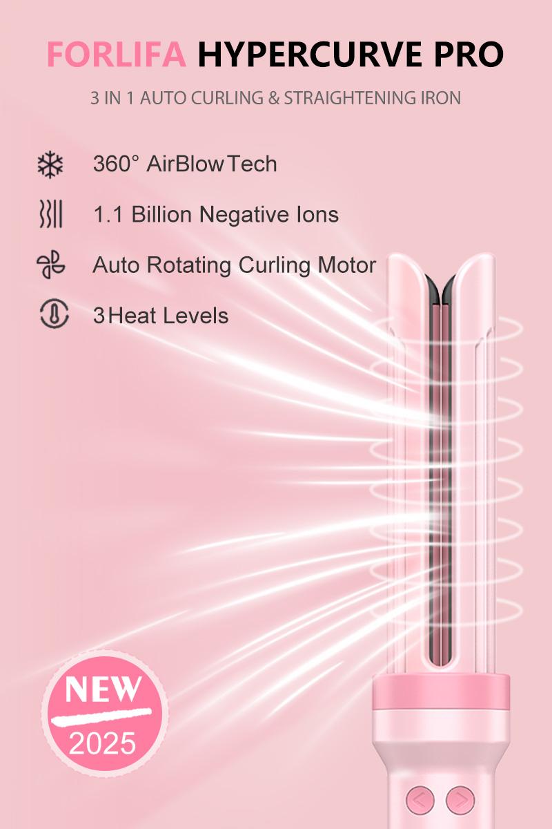 FORLIFA-Pro HyperCurve:Pro 3 in 1 Automatic Curling&Straightening Iron,AirBlow Tech with Cooling Air,1.1billion Negative Ions,72H Hold,Triple Hair Protect&Burn-Free,Automatic Shut-Off,2-Way Rotation,Anti-Scald,Anti-Tangle,TikTokShopSpringGlowUp