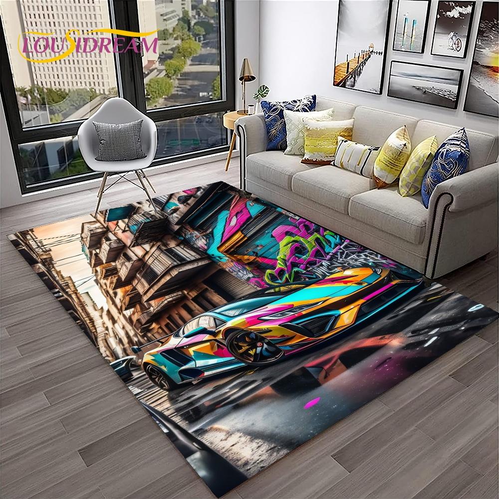 Blue Sports Car Flannel Area Rug - Cool Graffiti Style Supercar Print Soft Mat for Living Room & Garage, Non-Slip Car Enthusiast Home Decor#SportsCarRug #GraffitiSupercarMat #CarEnthusiastDecor #GarageCarpet #NonSlipFlannelRug