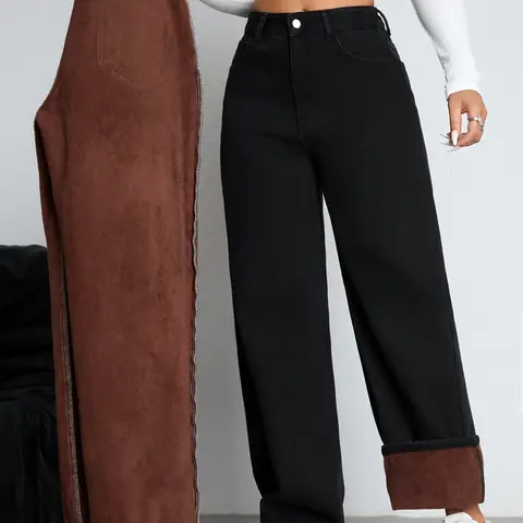 Women's Fleece-Lined Wide-Leg Jeans, High-Waisted Warm Denim for Fall and Winter, Versatile Casual Style for Everyday Wear, Womenswear, Bottom