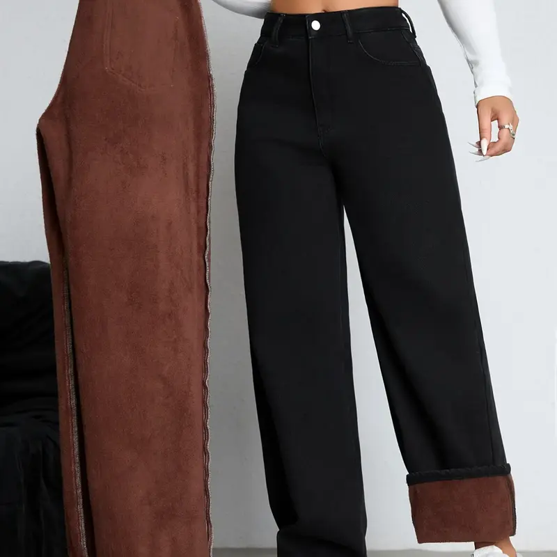 Women's Fleece-Lined Wide-Leg Jeans, High-Waisted Warm Denim for Fall and Winter, Versatile Casual Style for Everyday Wear, Womenswear, Bottom