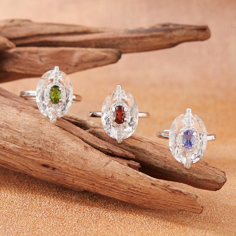 S925 Sterling Silver Natural Citrine & Clear Quartz Rings for Women – Minimalist Index Finger Band, Light Luxury Statement Jewelry