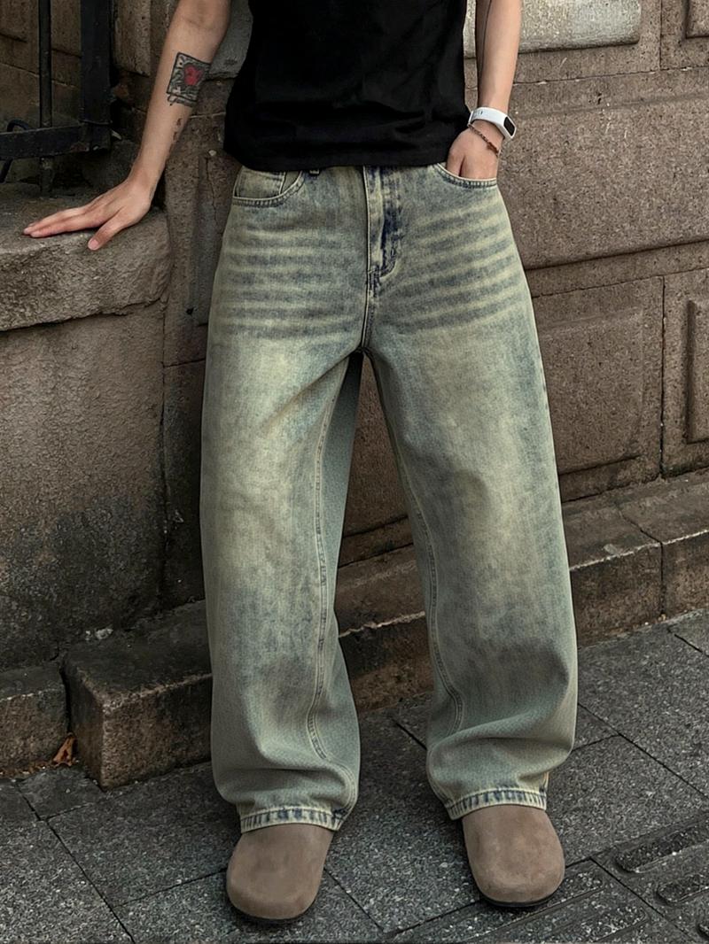 Men's Y2K Hip-Hop Style Light Wash Vintage Jeans | Loose Straight-Cut Street-Style Jeans for Retro Urban High Street Casual Daily Wear