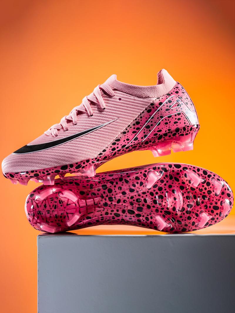 Parent-Child Leopard Print Soccer Shoes, Soccer Cleats, Breathable Knit Material, Professional Long Nails, Sporty Style, All Seasons