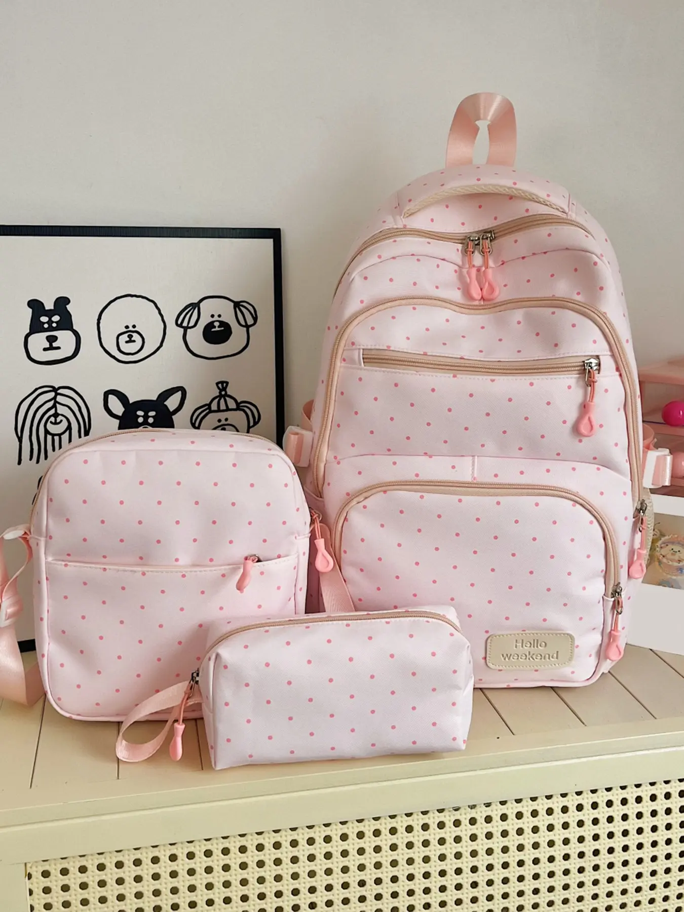 Cute polka dot backpack for back-to-school season, Backpacks set, three-piece set with backpack, crossbody bag, pencil case, large capacity, comfy straps, perfect for school, commuting, trips, multiple colors, stylish and practical