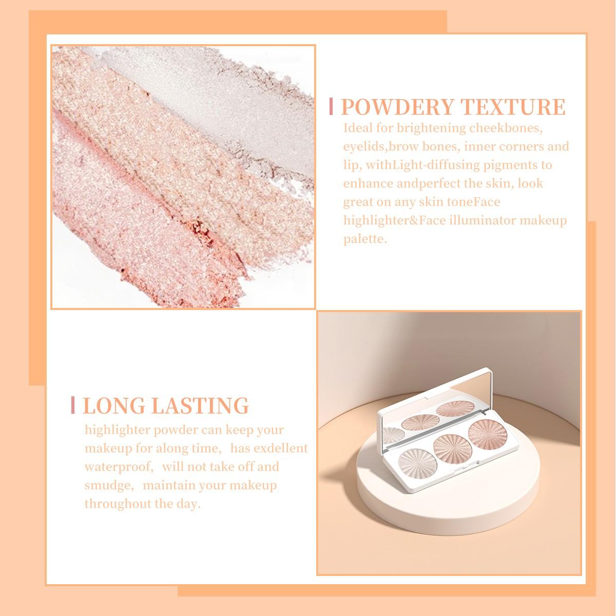 3-color highlighter palette, waterproof long-wearing multi-functional makeup palette. Available in 3 shades ranging from light pink to shimmering gold, it can be used as blush, contour, eyeshadow and facial brightener. This portable facial makeup product