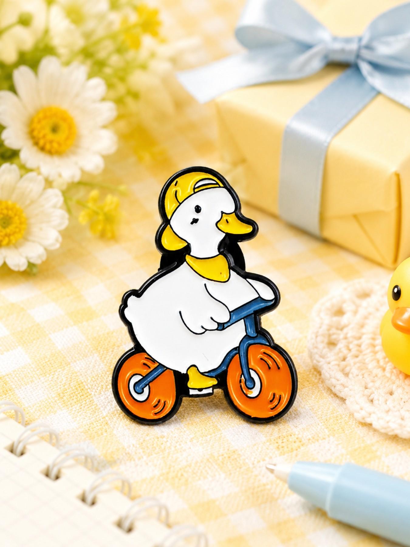 Duck Riding Bicycle, Enamel Brooch Pin, Glossy Alloy Hard Enamel, for Women Men Cyclists Animal Lovers and Collectors, for Denim Jackets Backpacks Canvas Bags Hats and Pouches, Playful Kawaii Casual Style, Gift for Friends and Duck Fans