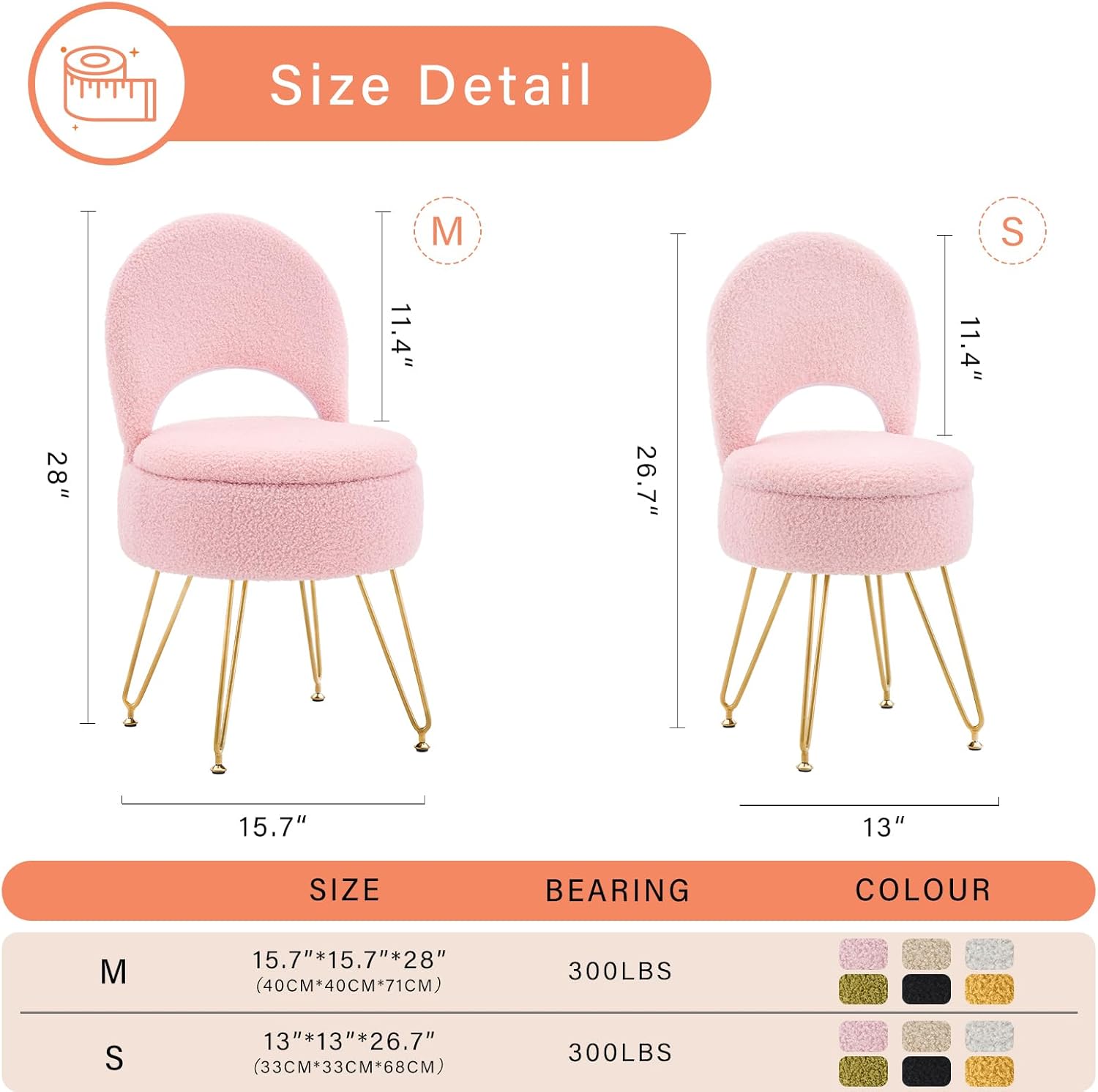 Storage Ottoman Vanity Stool Chair with Folding Back Teddy Velvet Makeup Chair Multifunctional Upholstered Footstool,4 Metal Legs with Anti-Slip Feet for Bedroom Living Room Entryway