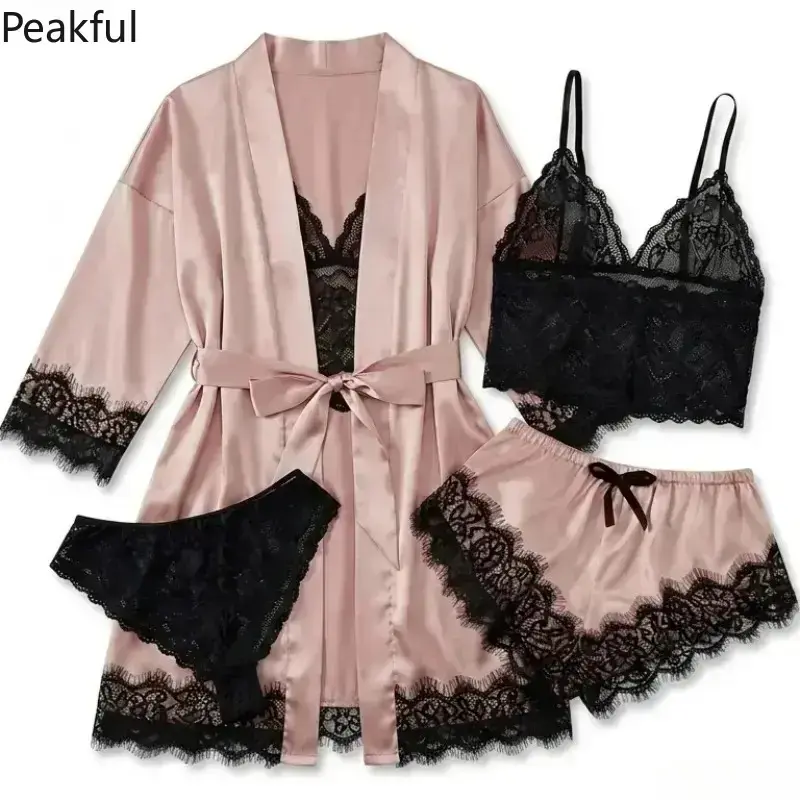 4-Piece Satin Pajama Set with Floral Lace Robe & Nightgown, Soft Silky Sleepwear for Women, Complete Loungewear Set for Relaxation, Ideal Birthday & Bridal Gift