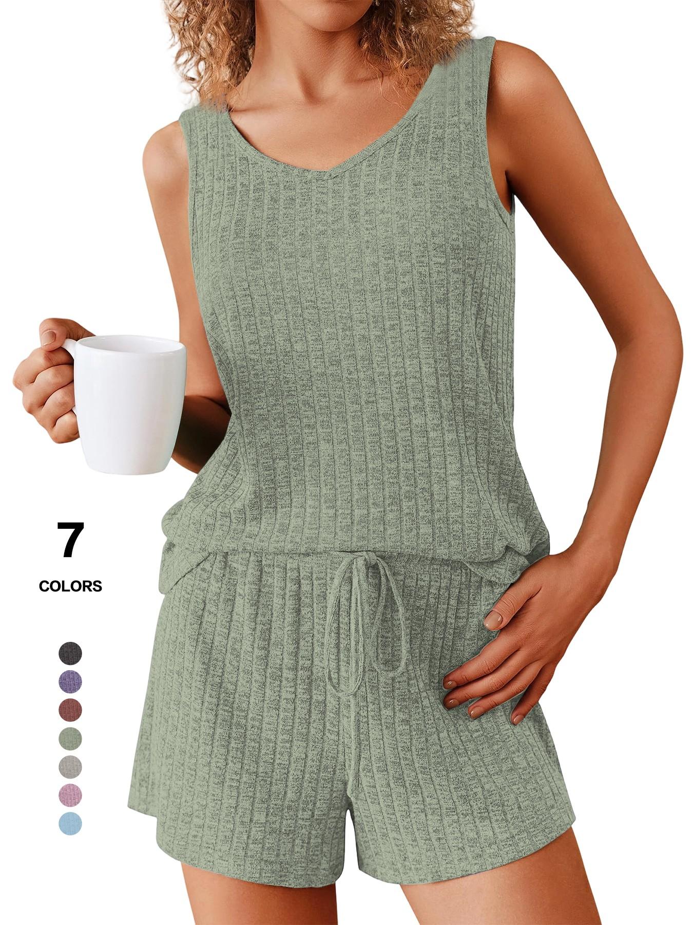 Women's 2-Piece Sleeveless Summer Pajamas Set, Ribbed Knit Tank & Shorts, Casual Fitted Elastic Design, Solid Color Loungewear