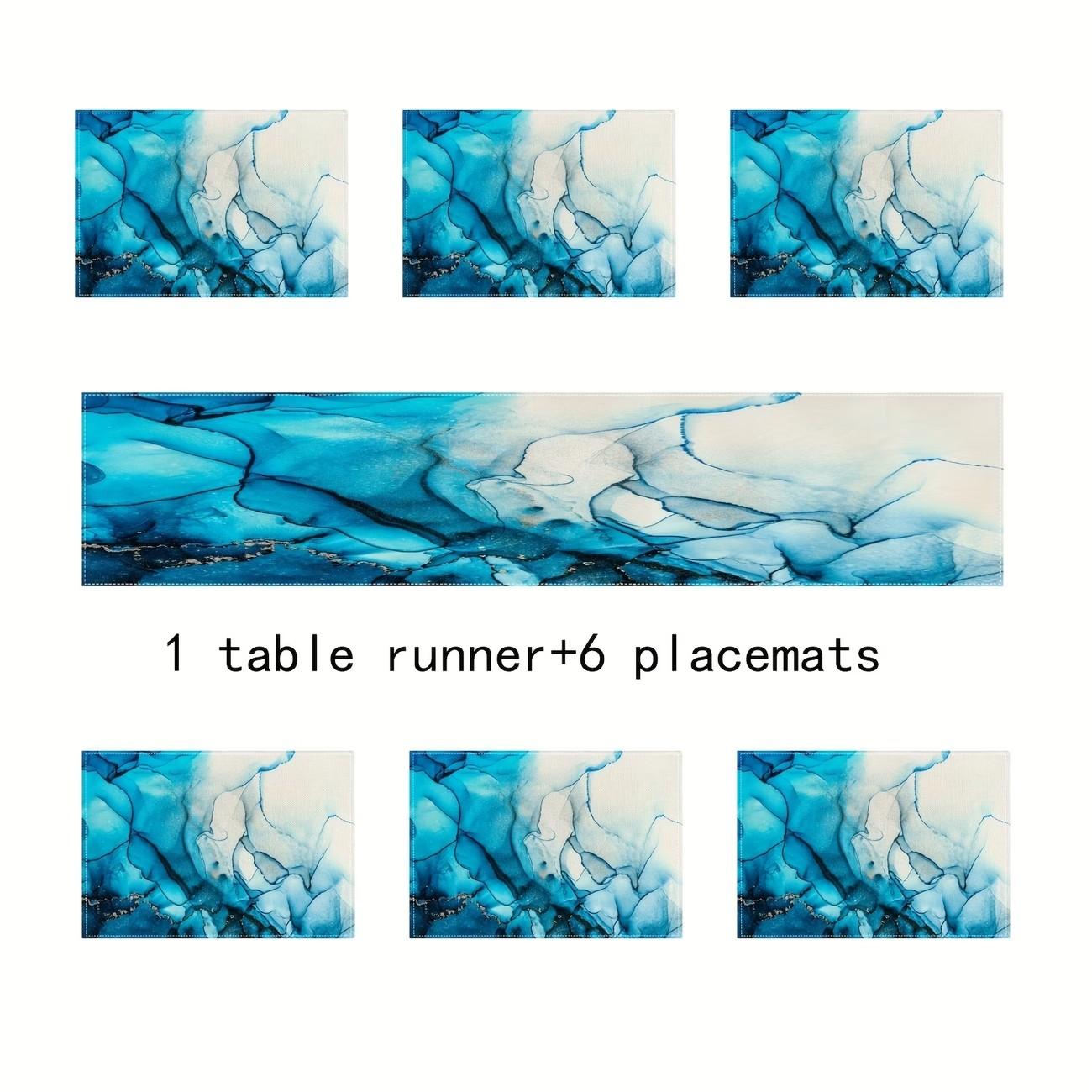 2D flat printing, 5-piece set/7-piece set table flag, dining mat, blue turquoise marble tablecloth, modern marble texture tablecloth, suitable for restaurant kitchen, wedding, holiday, party table decoration