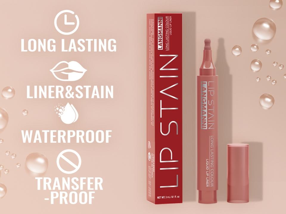 2-in-1 Lip Stain Liquid Lip Liner, Long Lasting Colour, Strong Waterproof, Transfer-Resistant, Up to 24hour Wear, Easy to Color, Not Clumping