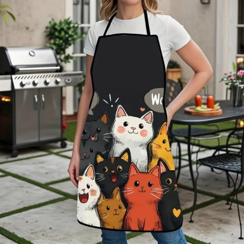 1pc Cute Cat Print Apron - Durable Polyester, Adjustable Neck Strap, Ideal for Kitchen & Dining Use, Black with Colorful Cat Illustrations, Kitchen Apron|Playful Design|Adjustable Apron
