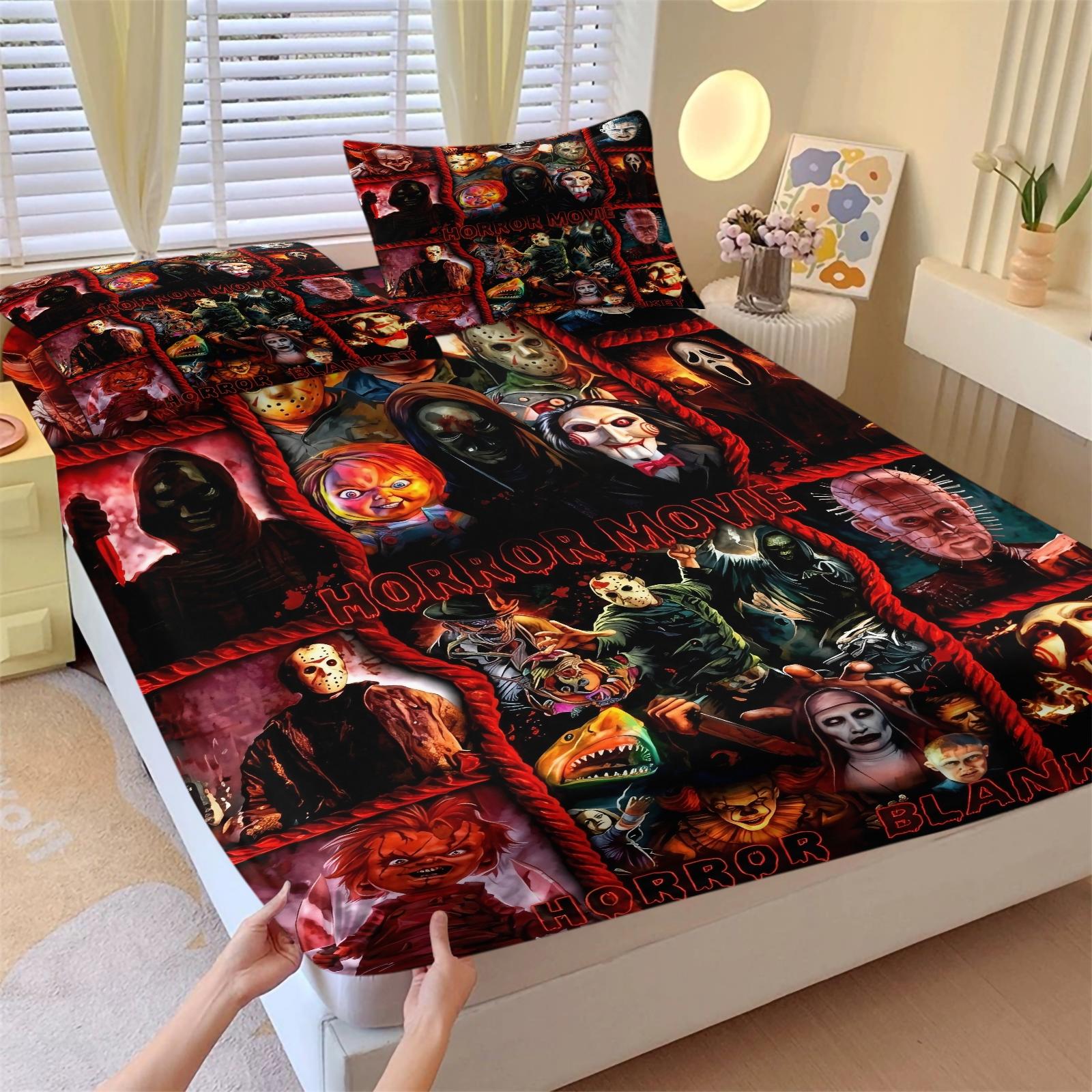Horror movie printed pattern bed sheet, comfortable printed pattern, including 1 bed sheet and 2 pillowcases, comfortable bedding, anti slip dust cover suitable for bedrooms and guest rooms, suitable for children and adults as gifts, Bedsheet Sets