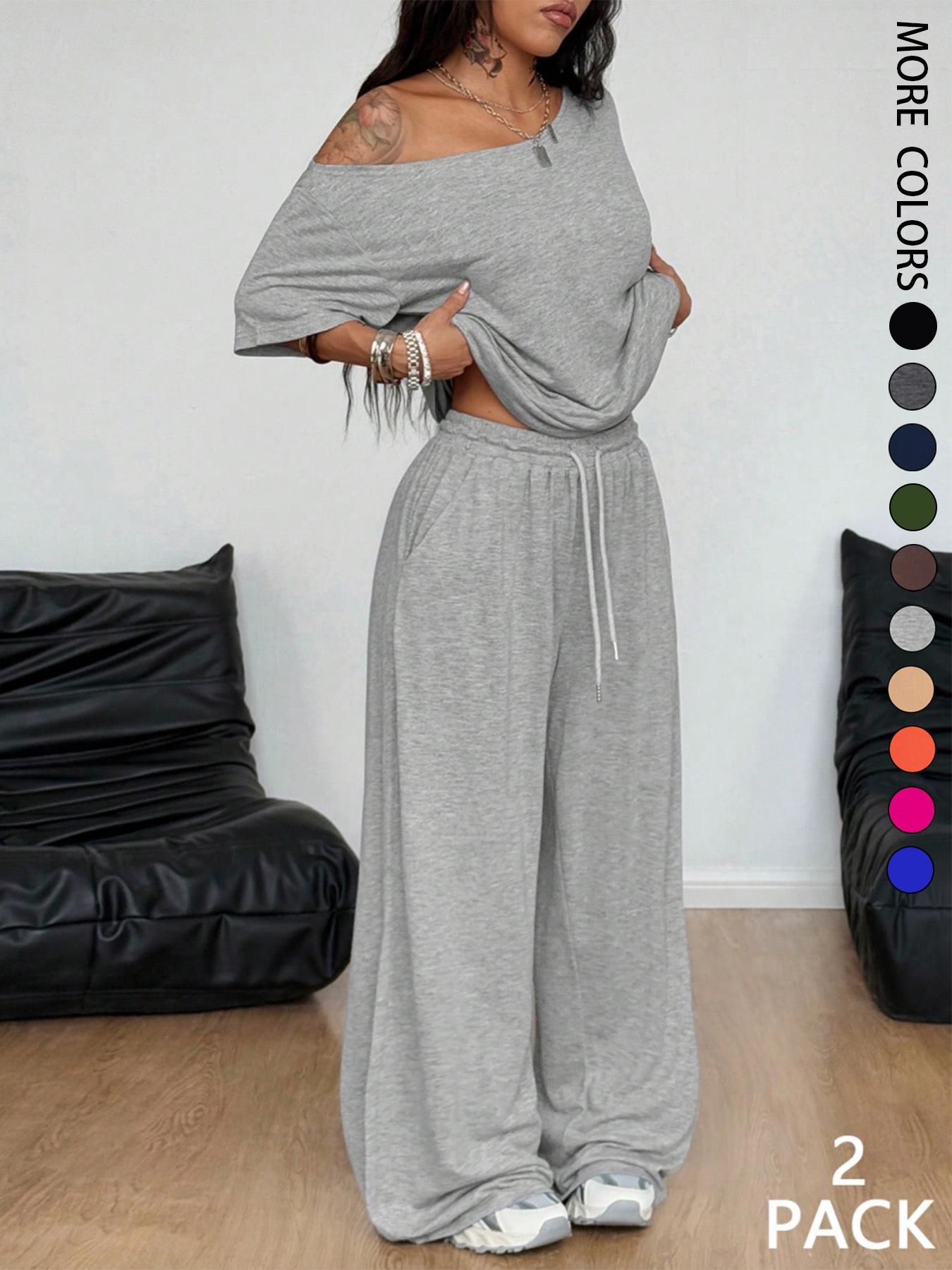 2 Pcs/Set Women's Minimalist Basic Daily Wear, Going Out, Sport Comfortable Off Shoulder T-Shirt and Wide Leg Pants Two Pieces Outfits, Womenswear 2 Pcs/Set Women's Minimalist Basic Daily Wear, Going Out, Sport Comfortable Off Shoulder T-Shirt and Wide Leg Pants Two Pieces Outfits, Womenswear