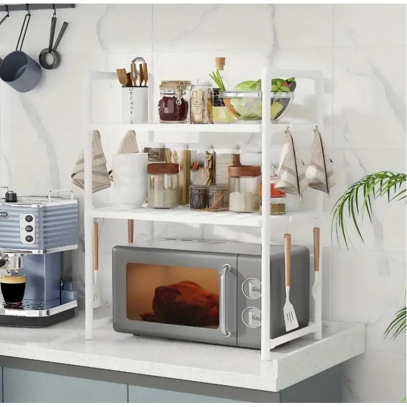 1pc Kitchen microwave rack, oven toaster rack, conditioning rack, rack with hooks, space-saving storage rack, kitchen organizer, wall shelf, stylish storage, easy to assemble