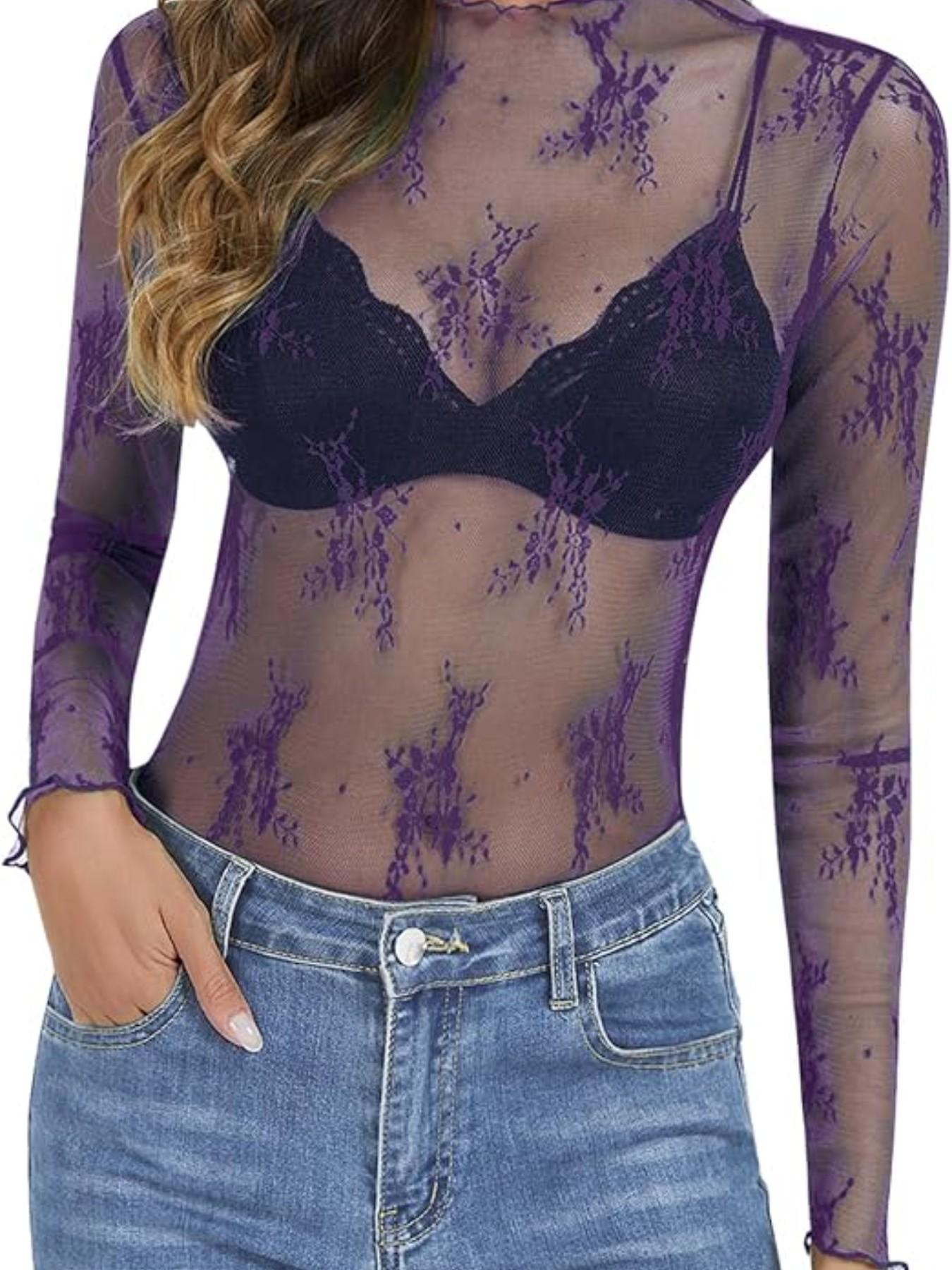 Women's Mesh Top, Transparent Lace Layered Medium Round Neck Sheer Shirt, Elegant and Stylish Design for Daily Wear