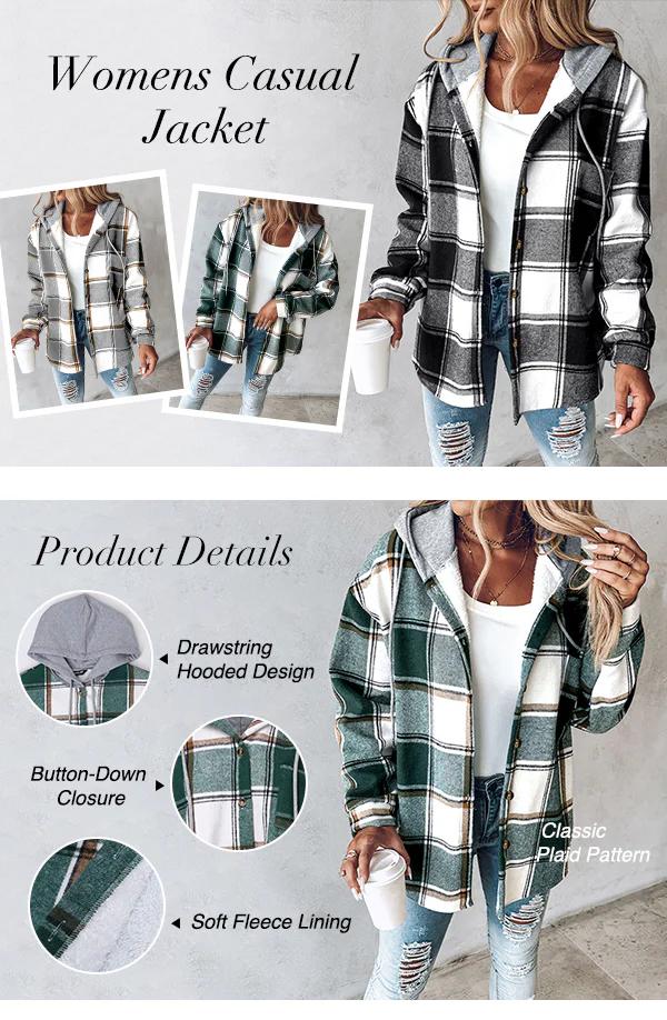 ChicMe Women‘s Plaid Hooded Warm Shacket/Plaid Fleece Lined Hooded Shacket- Lightweight Fleece Lined Jacket, Button-Down Casual Coat for Fall & Spring