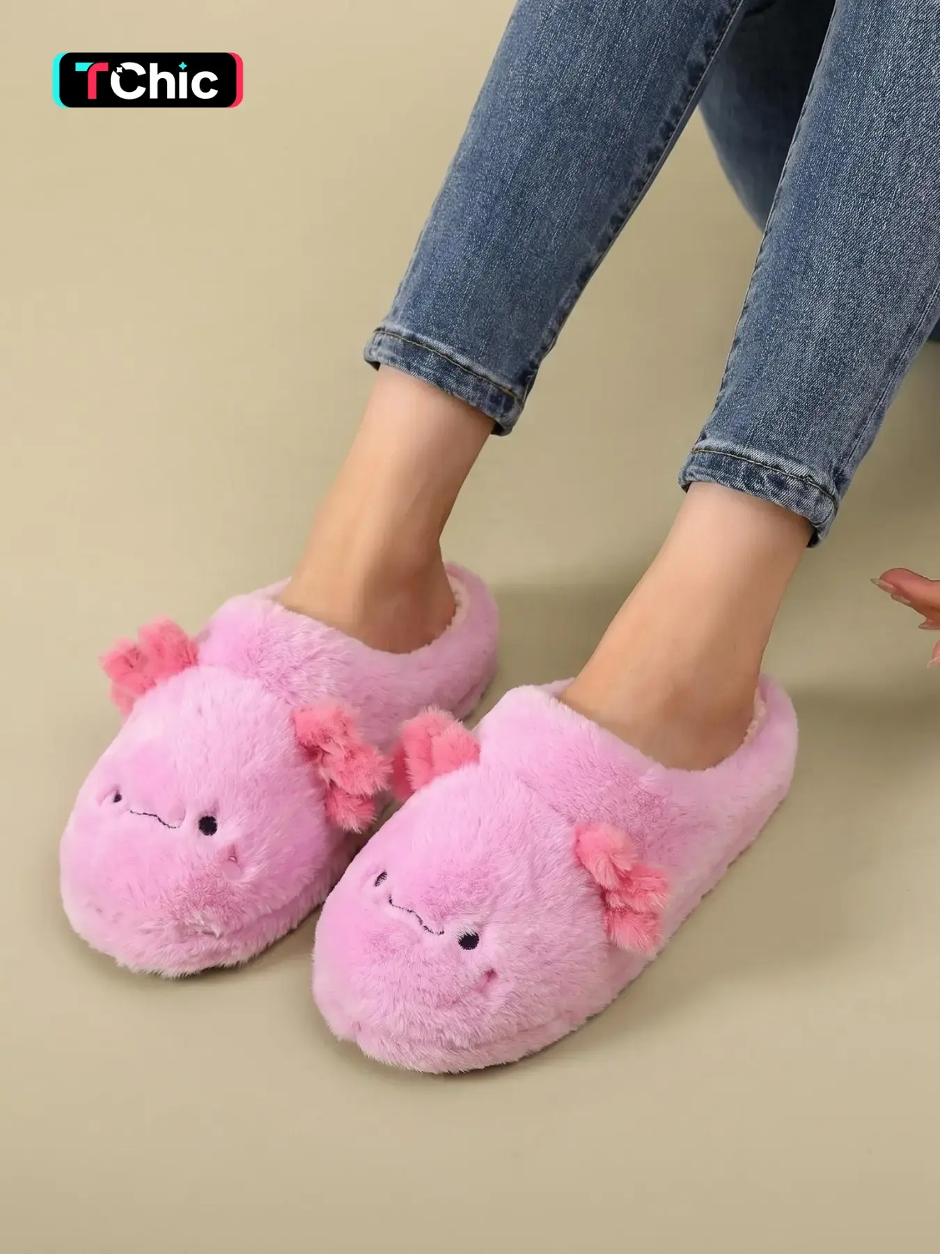 Women's Pink Axolotl Slippers, Cute Animal Fuzzy Slippers, Plush Warm House Slippers, Non-Slip Indoor Slippers for Home Bedroom, Cozy Fluffy Axolotl Slippers for Adults, Winter Soft Slippers for Women and Girls, Footwear