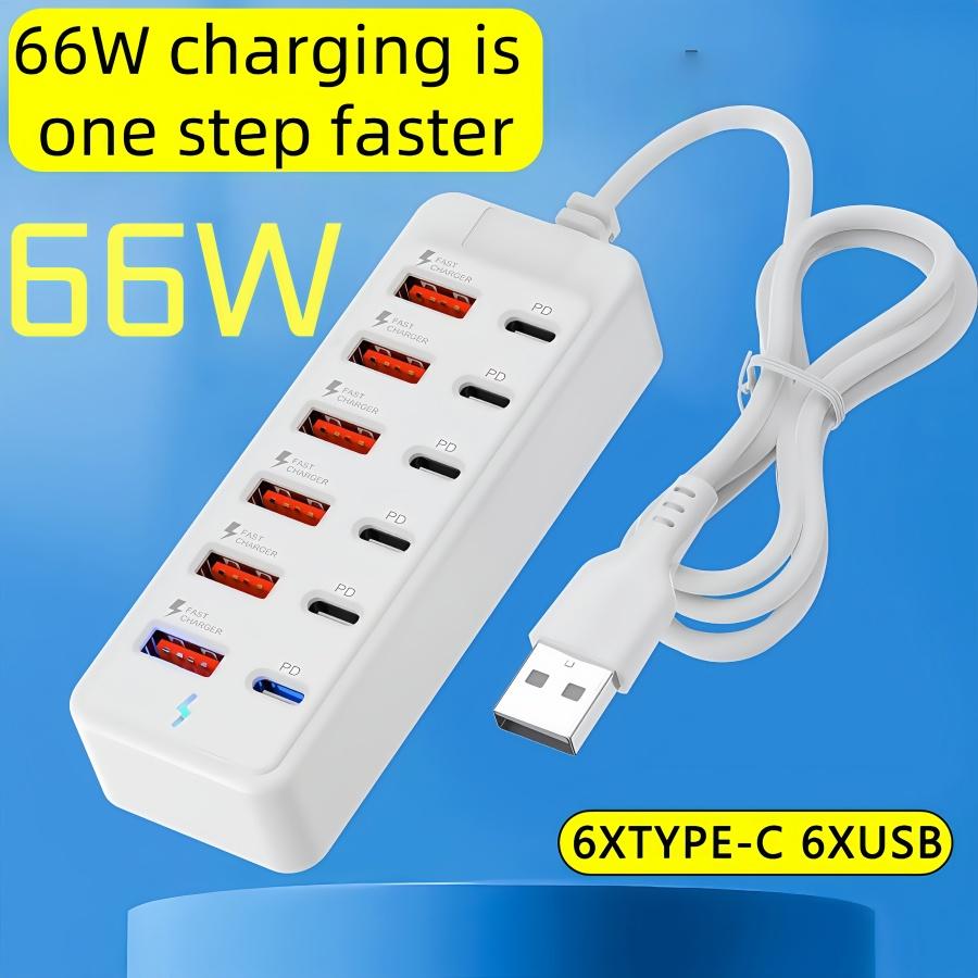12-In-1 66w Fast Charging Station, 6 USB Ports + 6 Type-C PD Fast Charge Ports, Compatible with iPhone, Macbook, Laptop, Phone, Tablet, Game Console