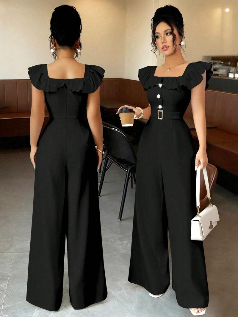 New Women's Square Neck Ruffle Mock Front Belted Button Pants, Casual Fitted Long Pants for Spring & Fall, Elegant Commuter Wear Jumpsuit