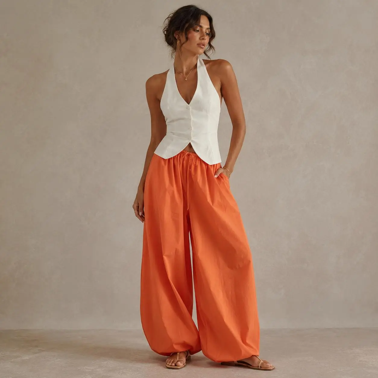 Women's 2-Piece Basic Solid Minimalist Cotton Wide-Leg Balloon Parachute Pants - Elastic Waist Drawstring, Pockets, Loose Fit Full-Length All-Season Trousers for Summer Travel & Everyday Wear