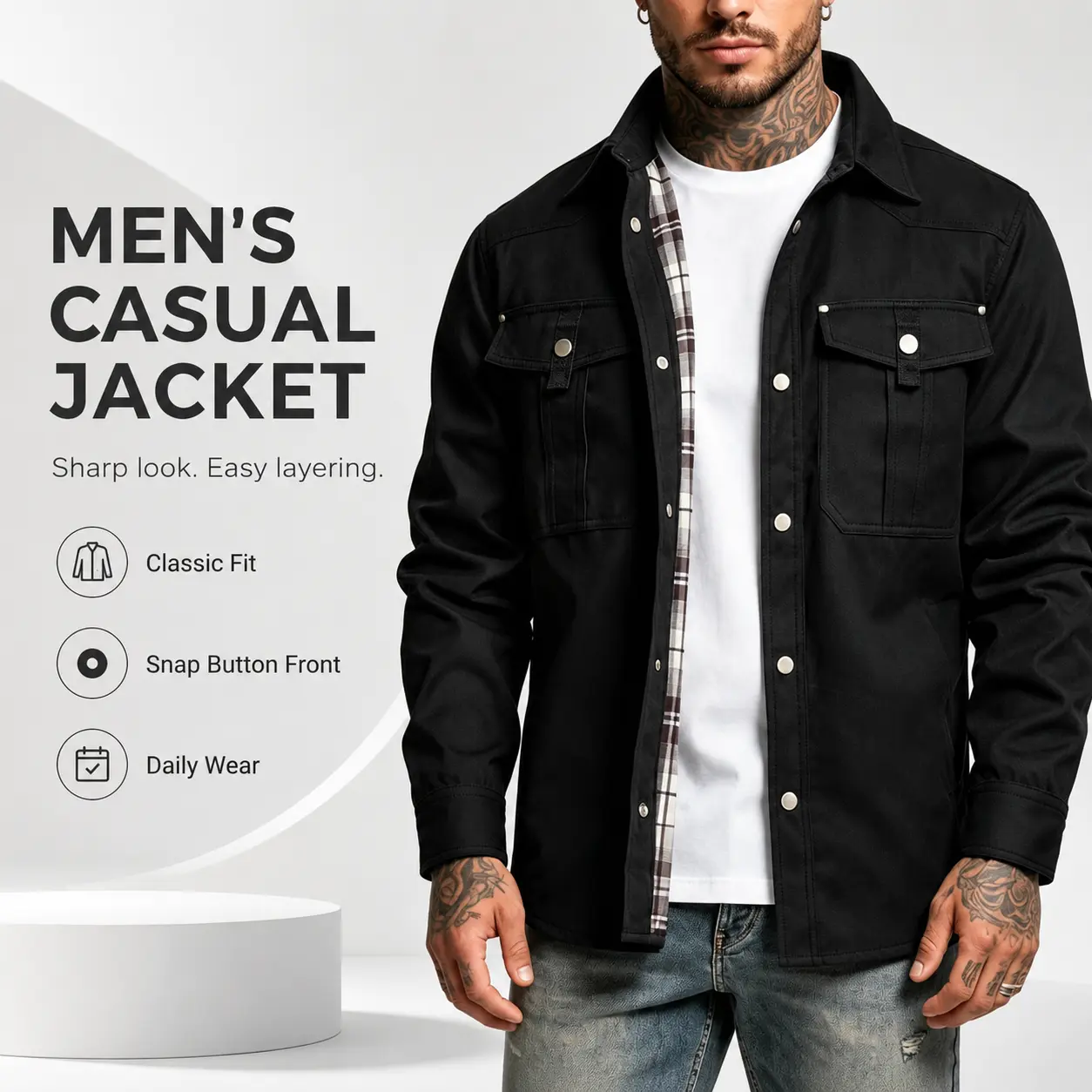 Men Plaid Lined Cargo Shacket Button-Up Lapel Jacket With Flap Pockets