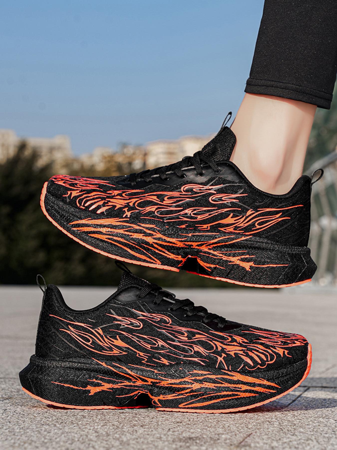 Unisex Black-Red Flame Running Shoes: Cushioned Rebound Design, Professional Marathon & Training Sneakers