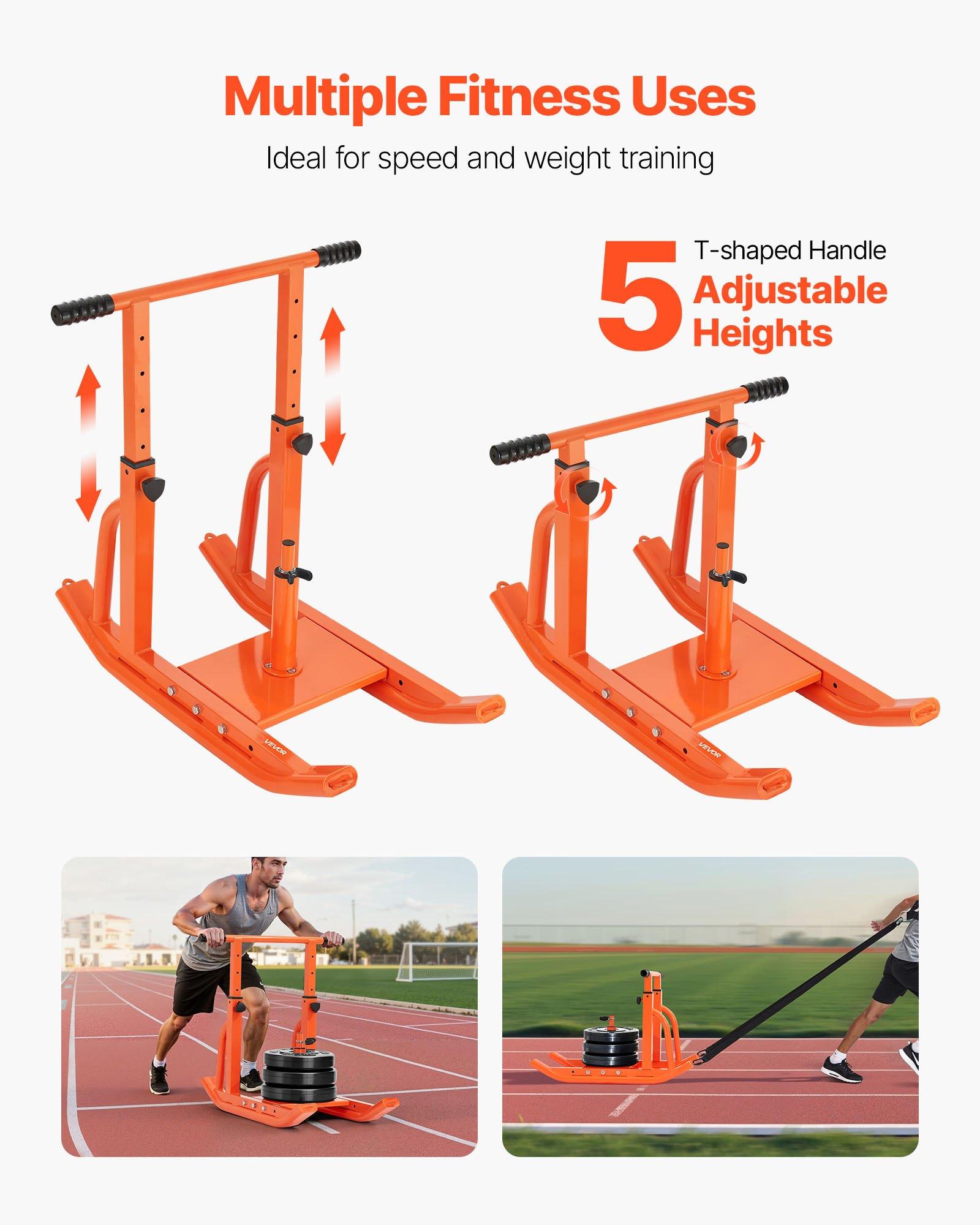 VEVOR Weight Sled, Steel Power Sled, Fitness Training Sleds for Athletic Exercise Speed Improvement, Workout Equipment with Adjustable Height Handle, Compatible with 1/2 in Weight Plates, Orange